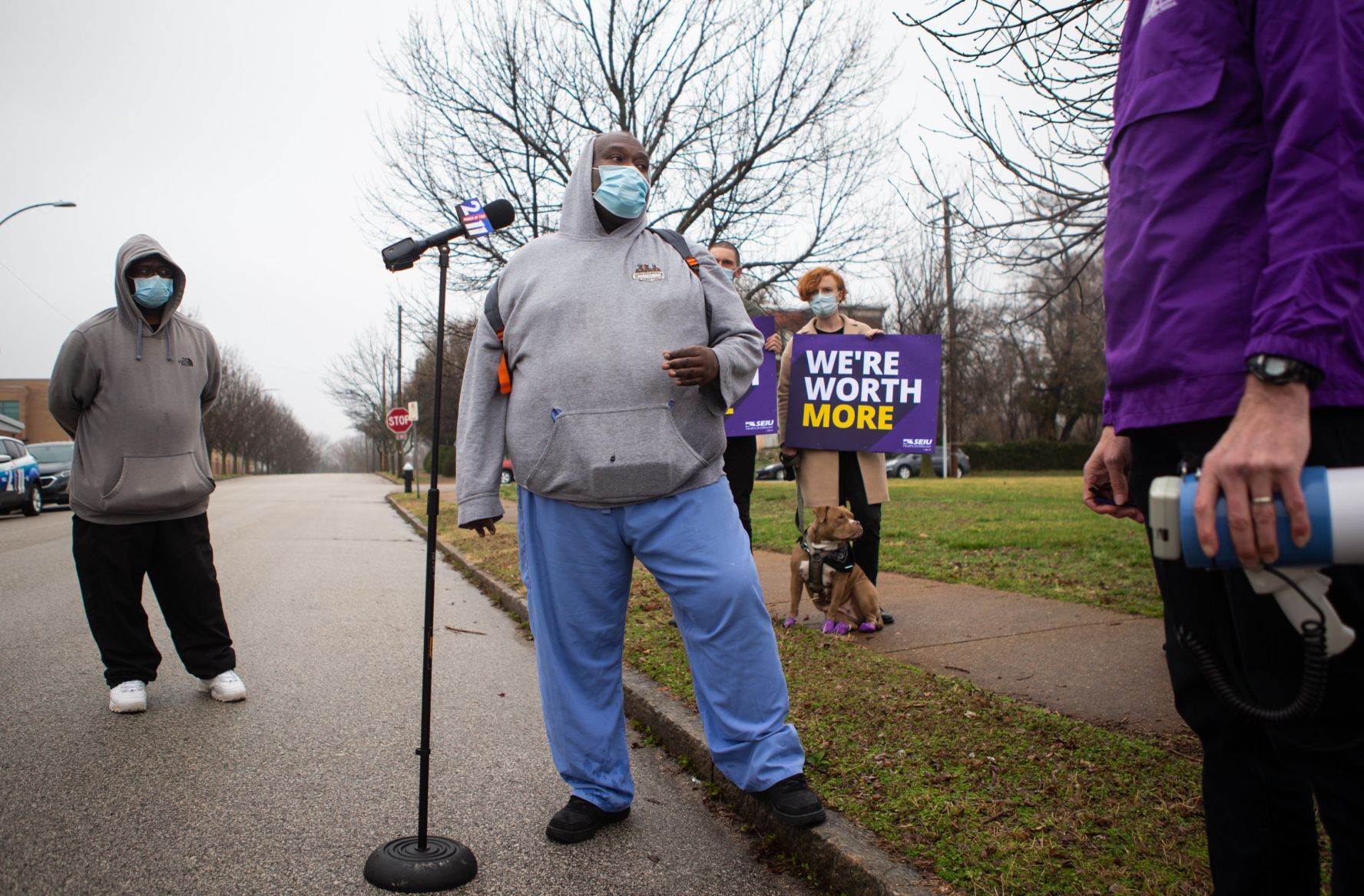 Protesters gather outside Blue Circle Rehab and Nursing